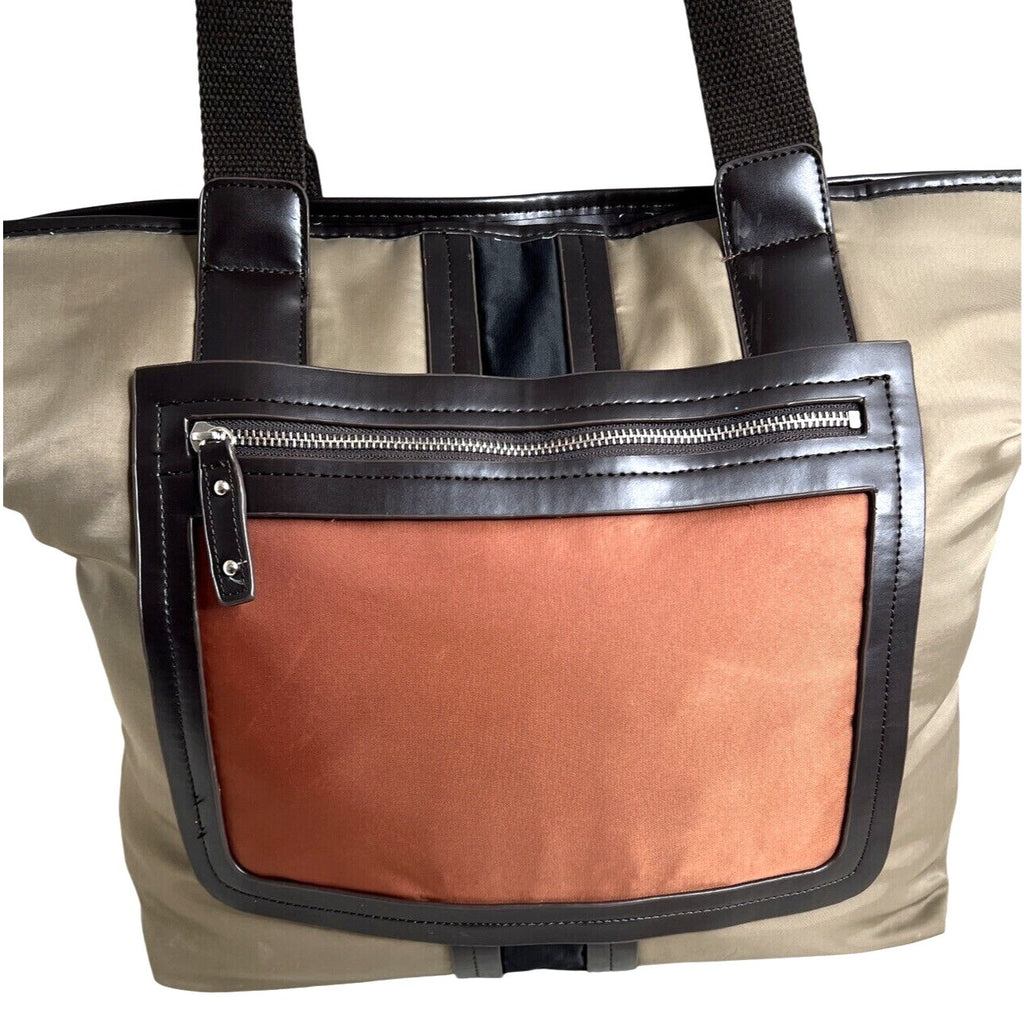 Sandra Roberts Large Tote Bag With Brown Handles & Front Zipper Pocket