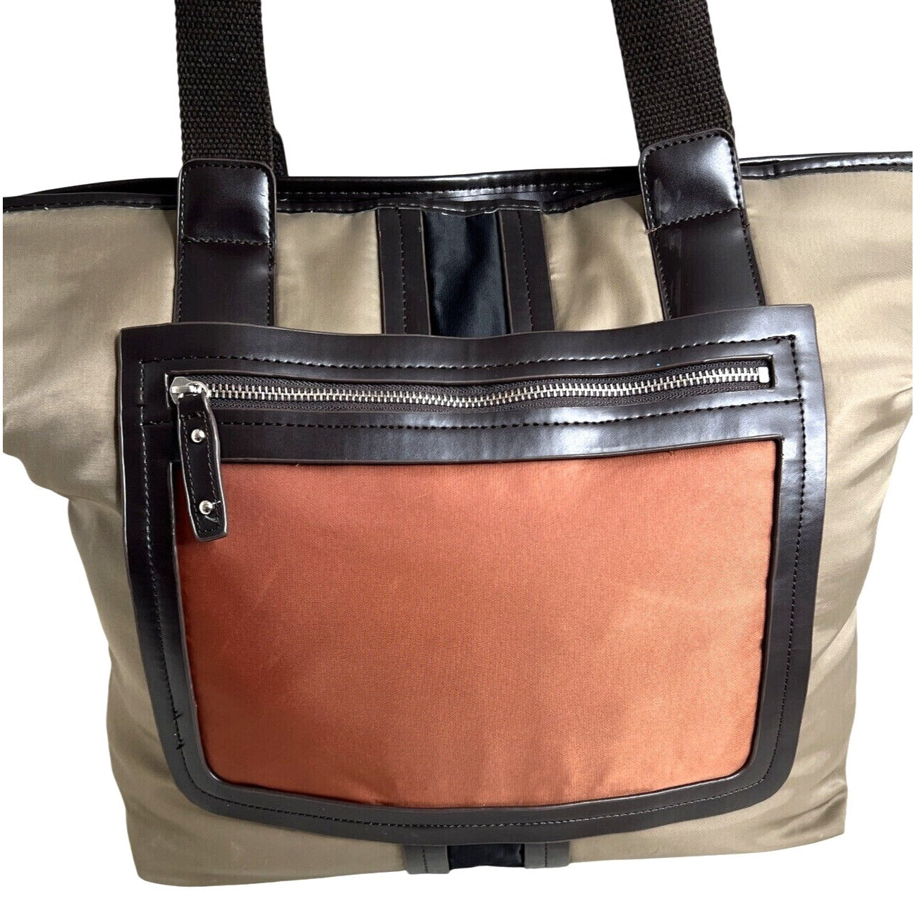 Sandra Roberts Large Tote Bag With Brown Handles & Front Zipper Pocket