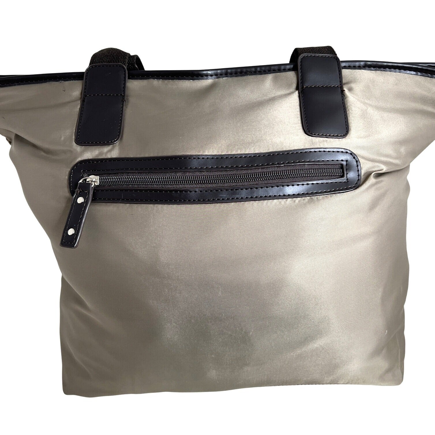 Sandra Roberts Large Tote Bag With Brown Handles & Front Zipper Pocket