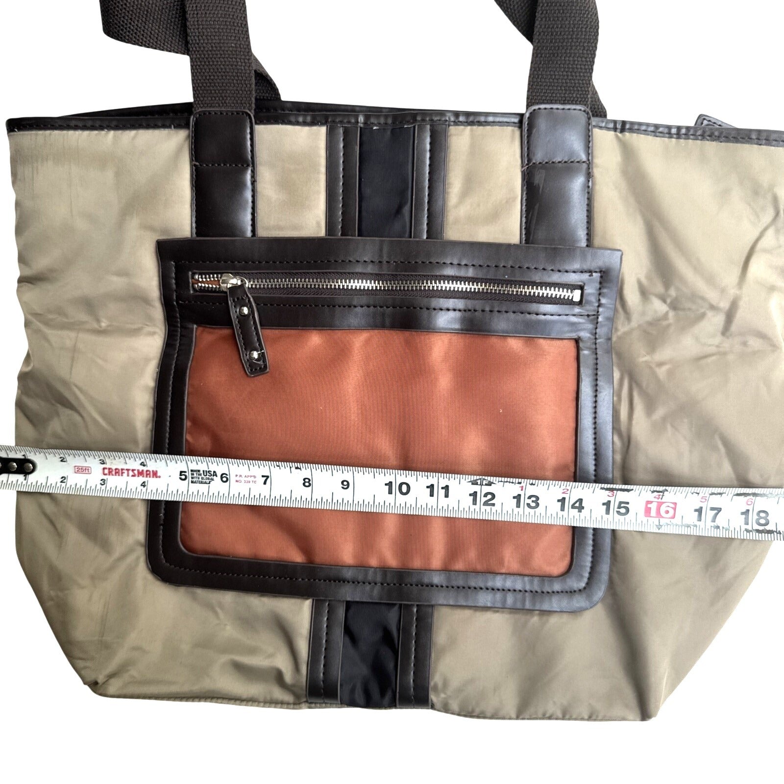 Sandra Roberts Large Tote Bag With Brown Handles & Front Zipper Pocket