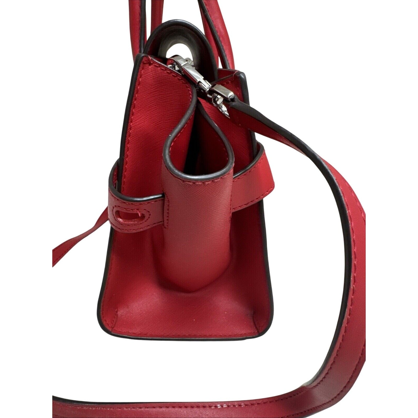 Michael Kors Red Leather Satchel Handbag With MK Logo & Adjustable Strap