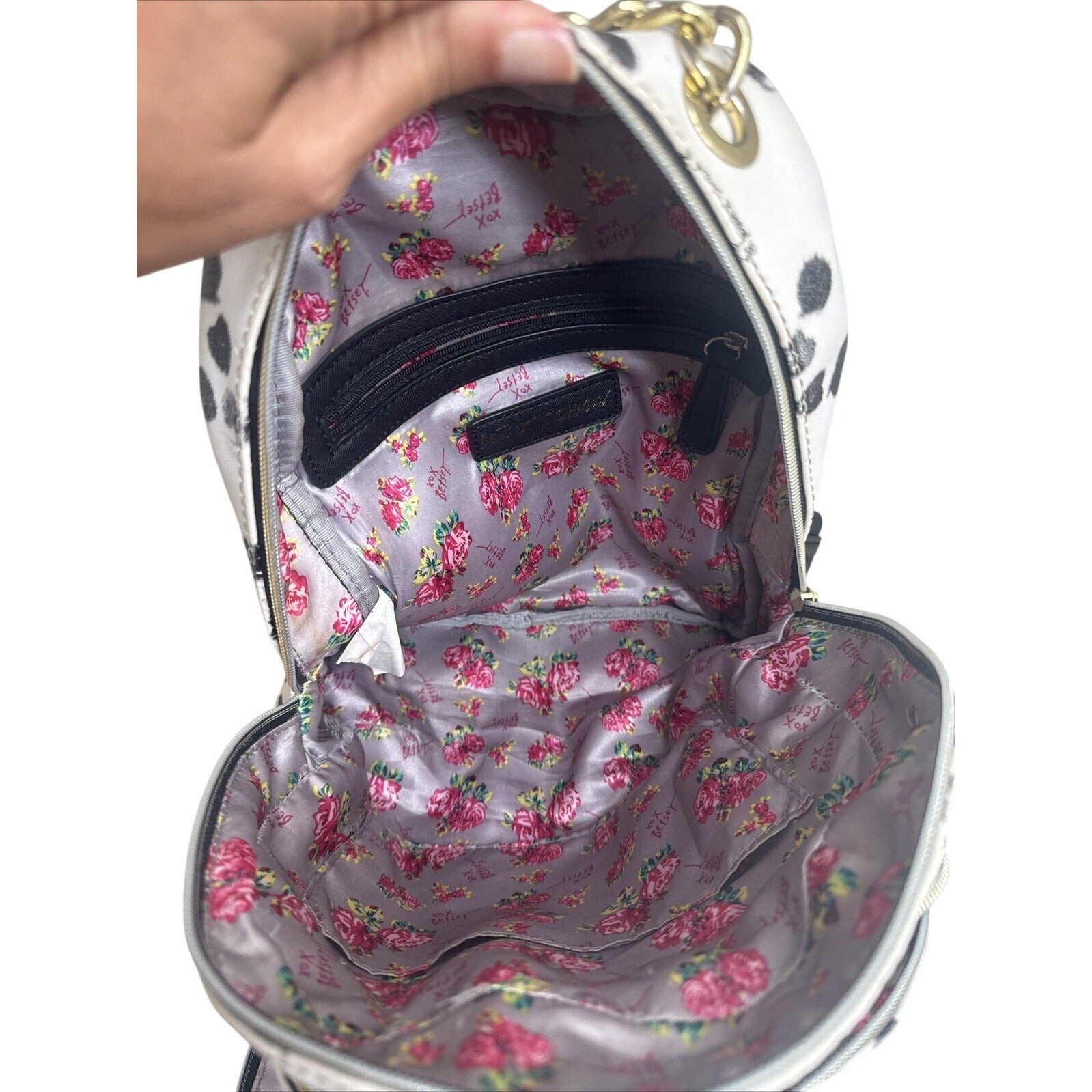 Betsey Johnson Cute Panda Print Backpack With Chain Accent Black & White