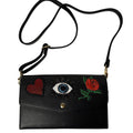 Aldo Black Crossbody Bag W/Embroidered Heart Eye, Rose Design Gold Hardware