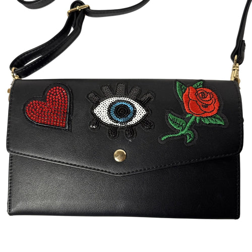 Aldo Black Crossbody Bag W/Embroidered Heart Eye, Rose Design Gold Hardware