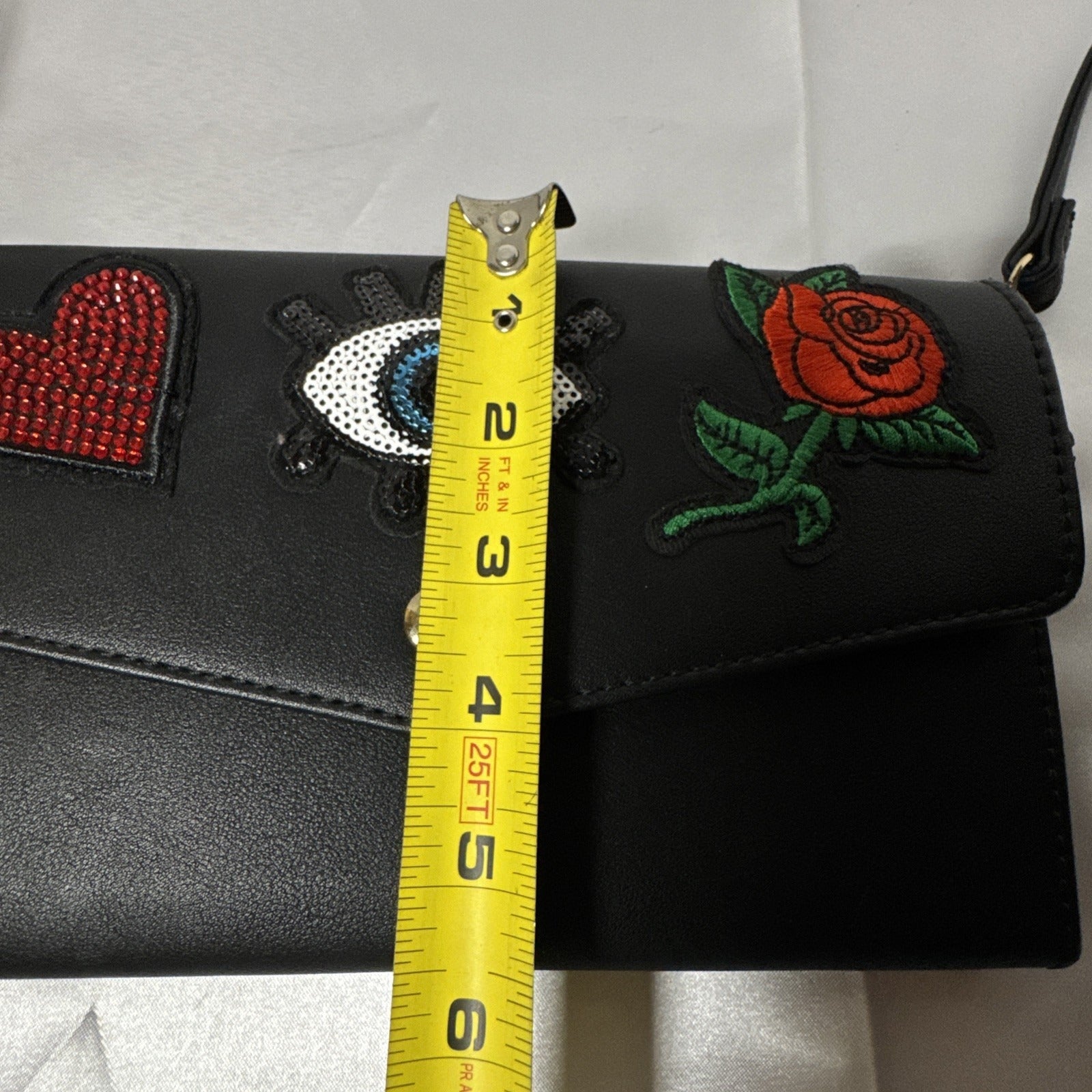 Aldo Black Crossbody Bag W/Embroidered Heart Eye, Rose Design Gold Hardware