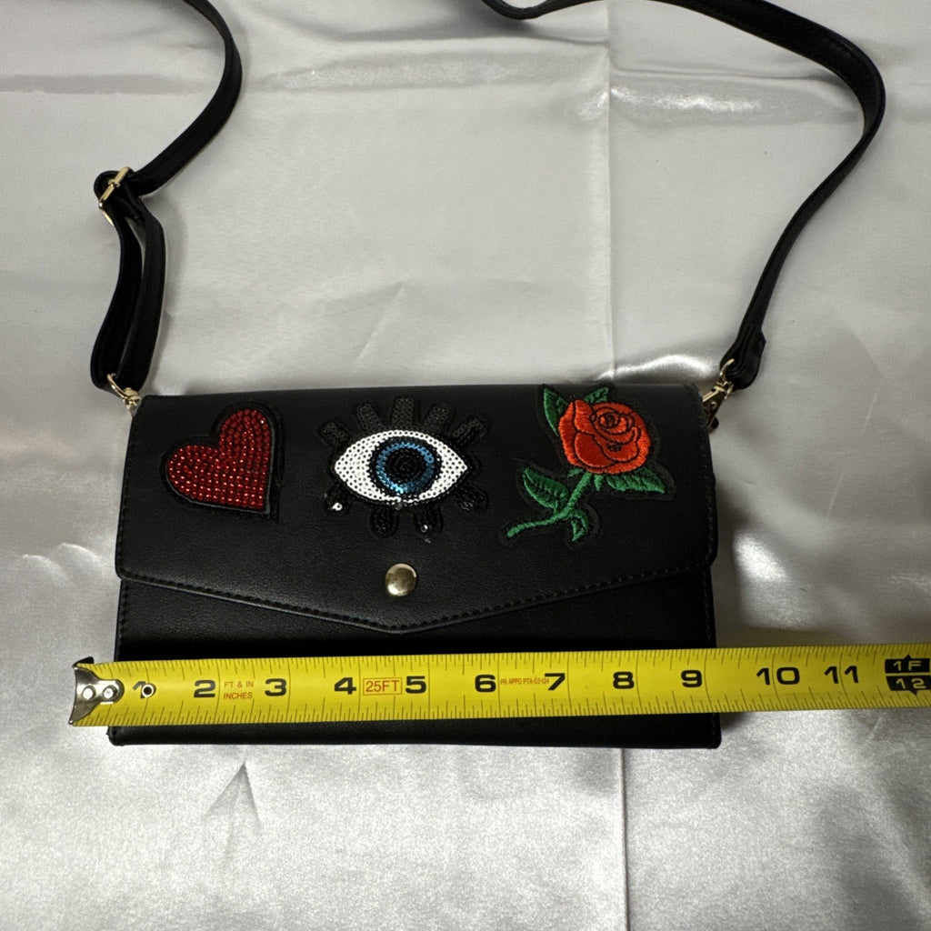 Aldo Black Crossbody Bag W/Embroidered Heart Eye, Rose Design Gold Hardware