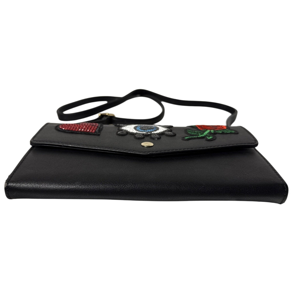 Aldo Black Crossbody Bag W/Embroidered Heart Eye, Rose Design Gold Hardware