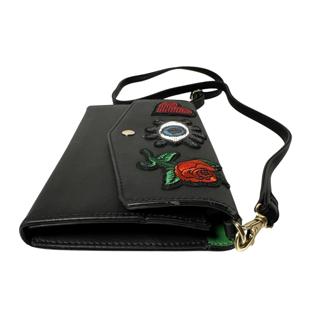 Aldo Black Crossbody Bag W/Embroidered Heart Eye, Rose Design Gold Hardware