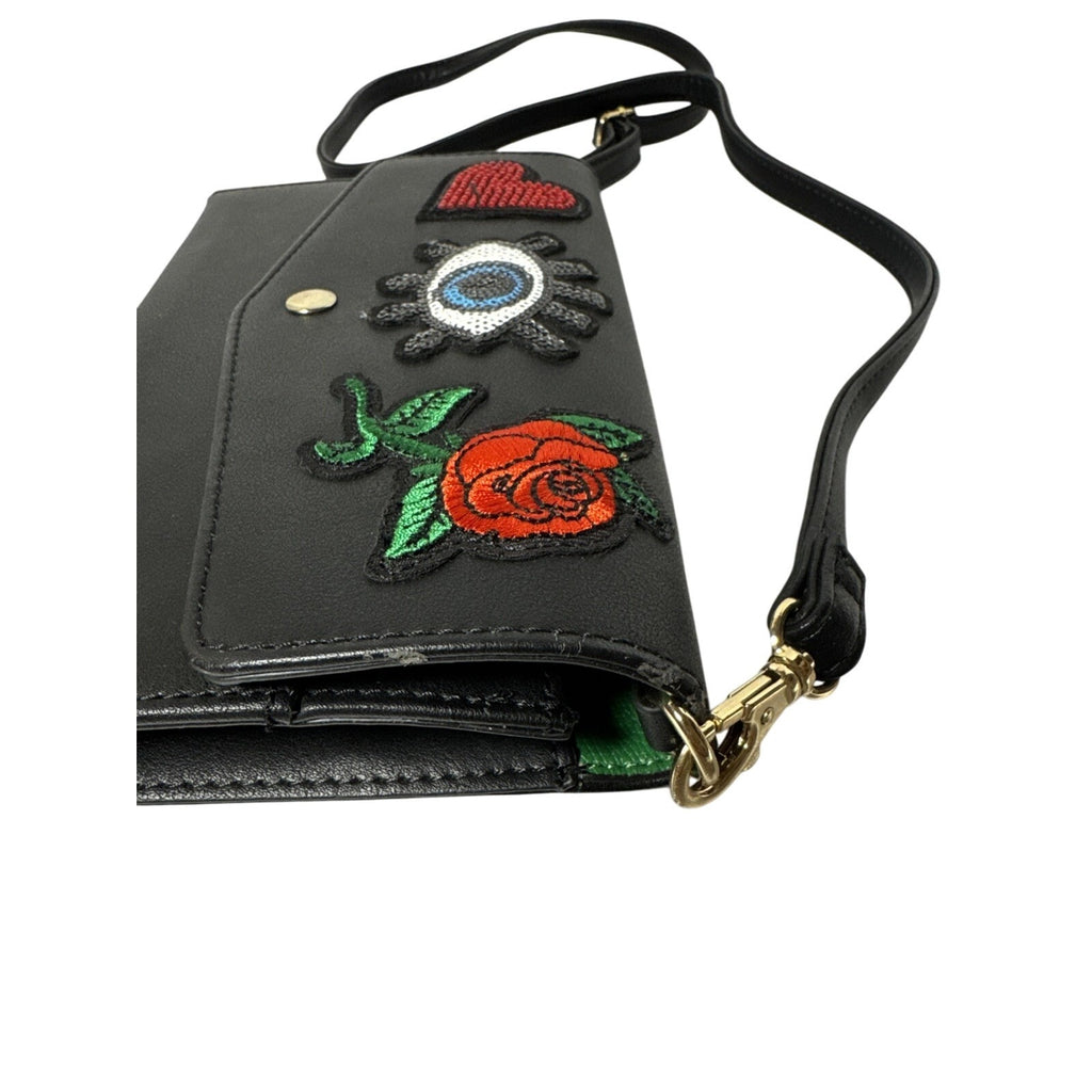 Aldo Black Crossbody Bag W/Embroidered Heart Eye, Rose Design Gold Hardware