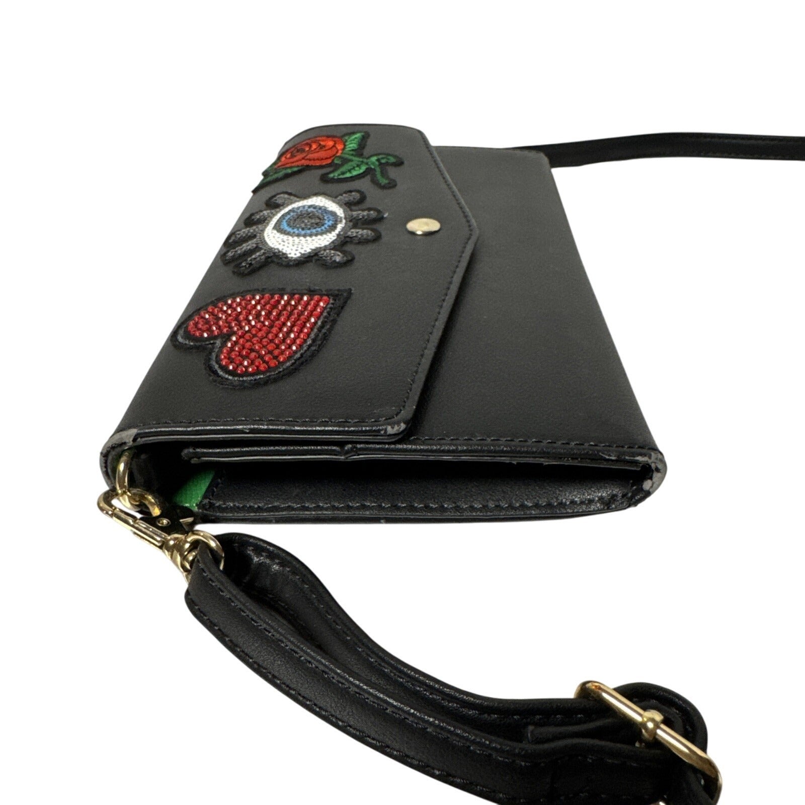 Aldo Black Crossbody Bag W/Embroidered Heart Eye, Rose Design Gold Hardware