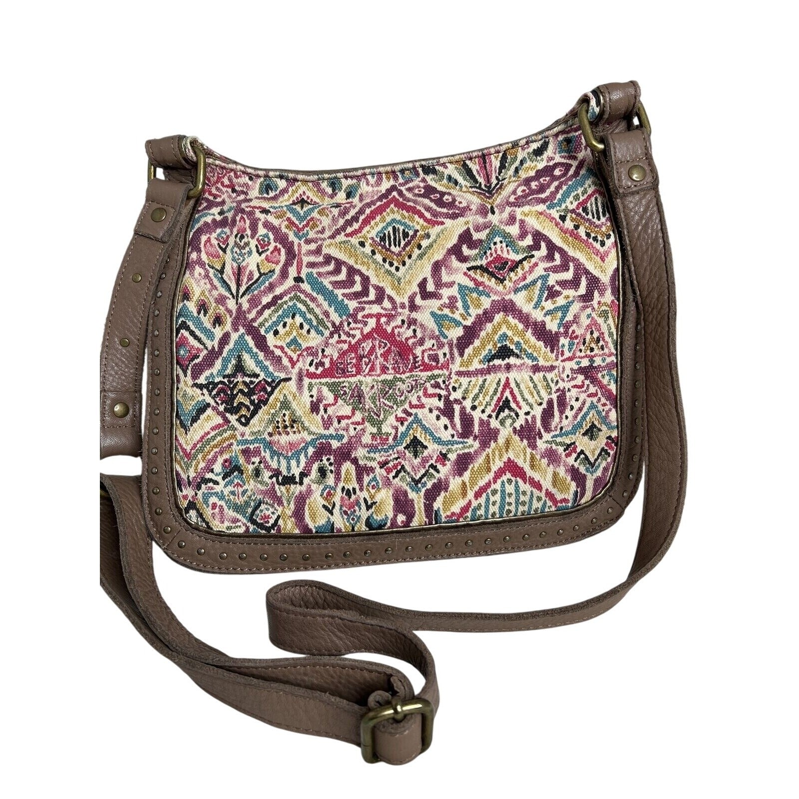Sakroots Brown Vegan Leather & Patterned Crossbody Bag With Adjustable Strap & Zipper Pockets